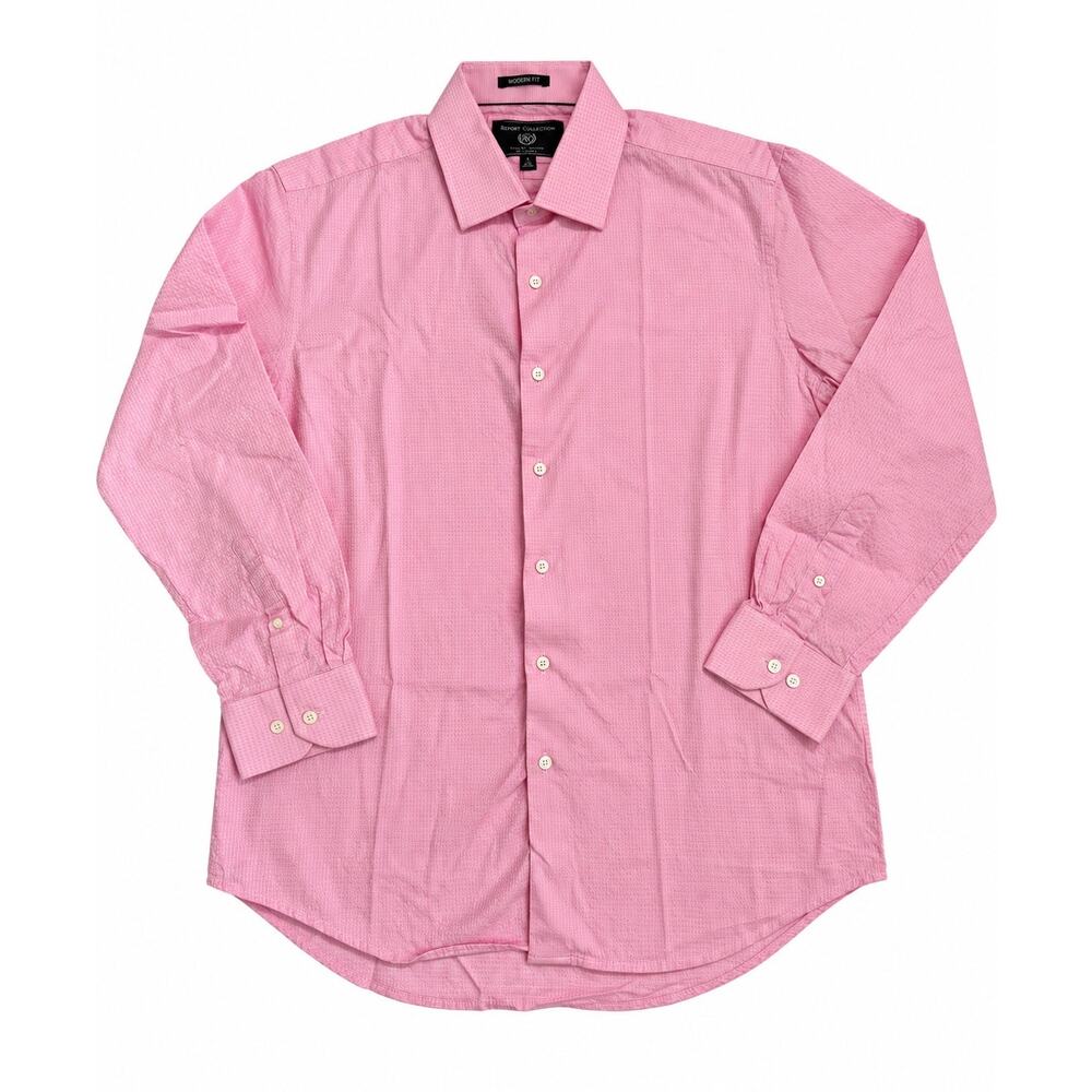 Report Collection Men's Pink Textured Long Sleeve Dress Shirt Modern Fit Size L